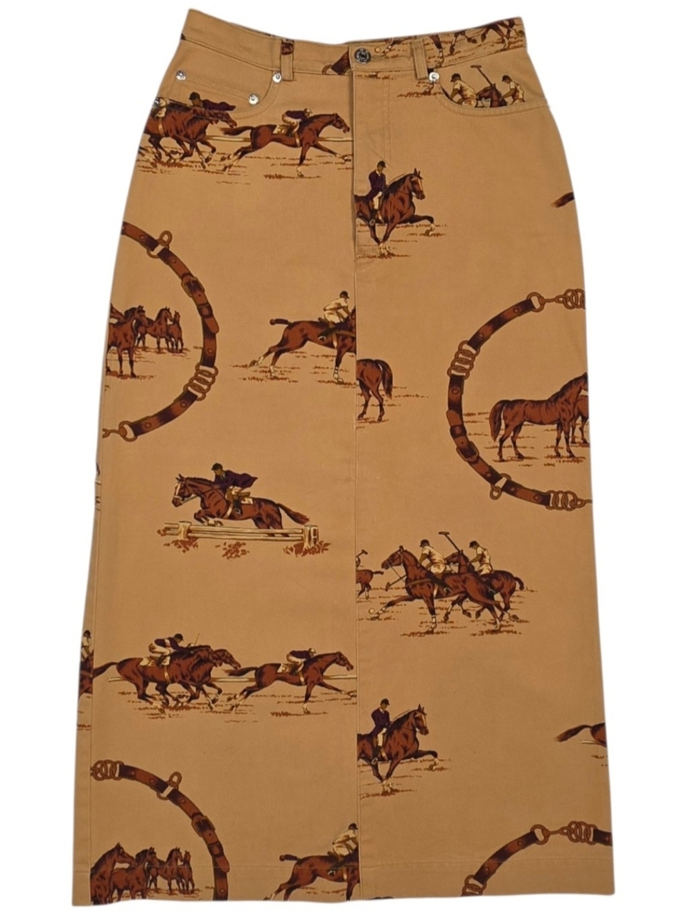 Ralph Lauren Tan Equestrian Print Maxi Skirt